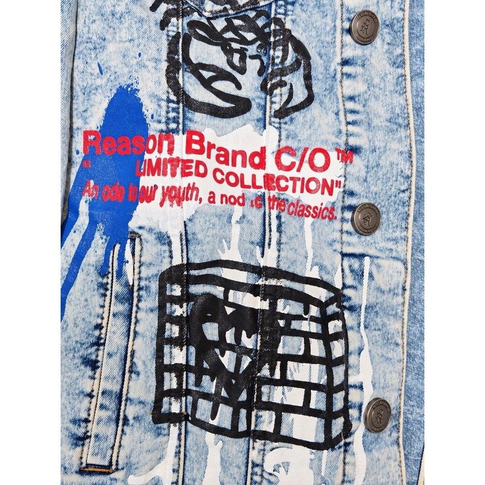 Reason Brand C/O Men’s M Acid Wash Graffiti Graphic Denim Jacket Flames